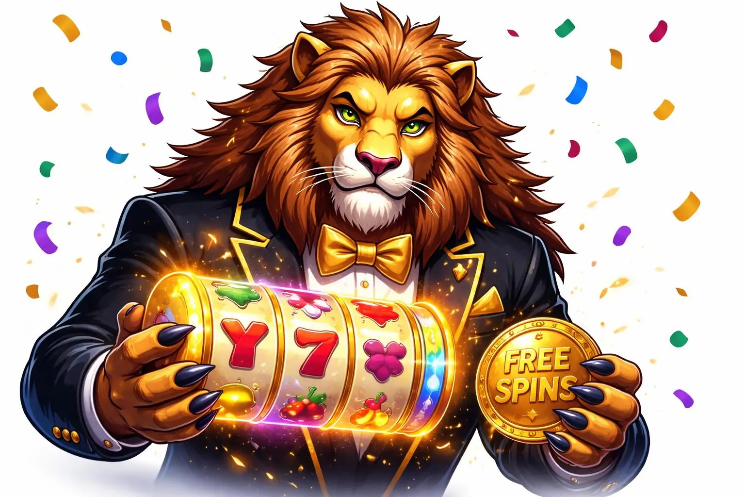 Lion hero presenting free spins on first deposit