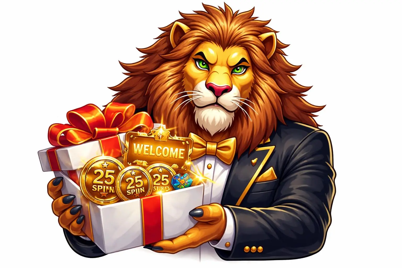 Lion hero presenting 25 free spins on Registration
